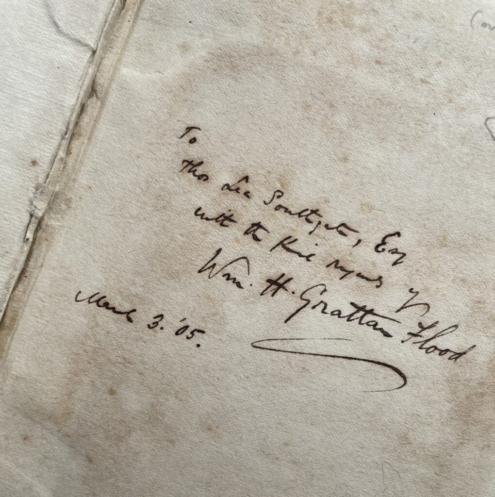 Dedication on the inside cover of A History of Irish Music