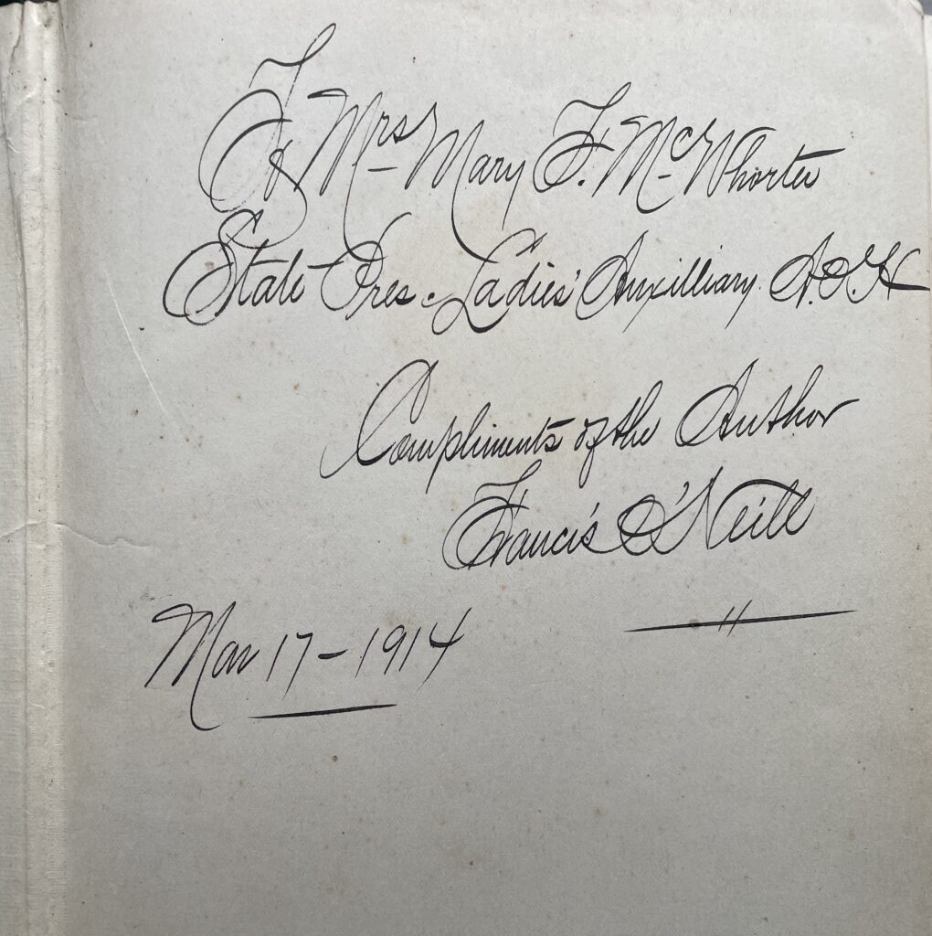 Dedications on the inside cover of Irish Minstrels and Musicians, Francis O'Neill